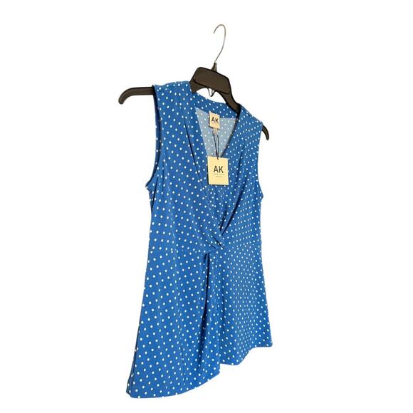 Anne Klein Petite Polka Dot Sleeveless V-Neck Blouse XS Blue Retro Spring Chic - Picture 3 of 5